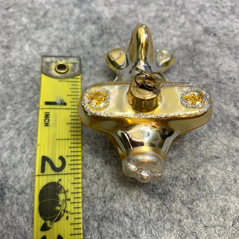 Vintage Dept. 56 Glass Ornament, Tiny Airplane in Gold and Silver, Glitter Shine